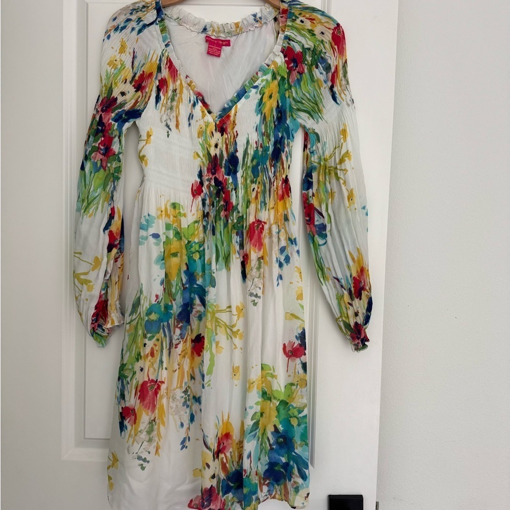 Sunny Leigh women’s white floral print crepe long sleeve dress size small 4 6